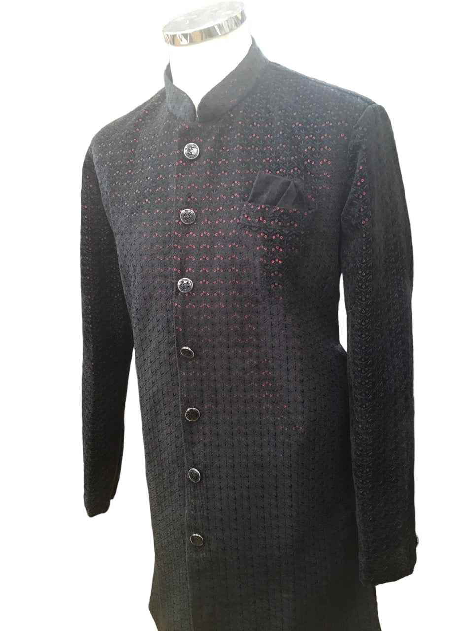 Black with Maroon Sequins Fully Embroidered Soft Sherwani Set - UK Stock - 24h Dispatch - Spark17 JY 0324