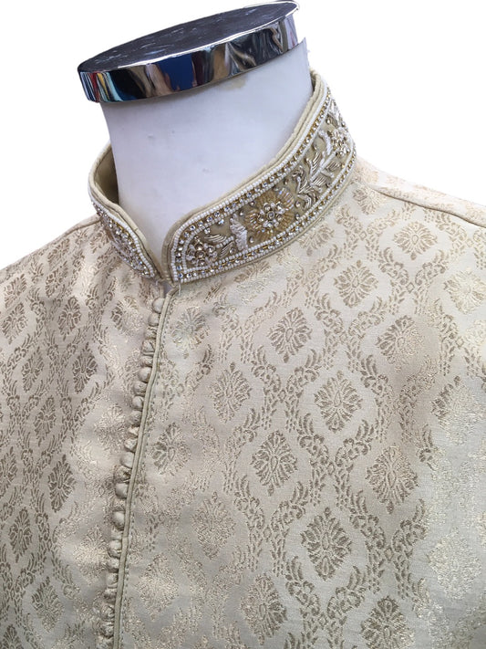 Cream / Gold Handloom Banarasi Mens Kurta Set - UK Stock - 24h Dispatch - KCS241003 VA 0223