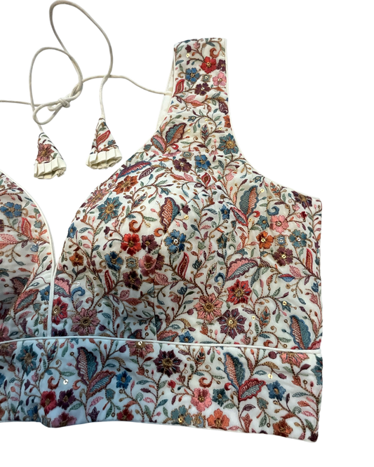 38" / UK 12 - Cream - Rich Emroidered Saree blouse with cups, Sleeveless - UK Stock - Quick Delivery - RNK - R988 KC