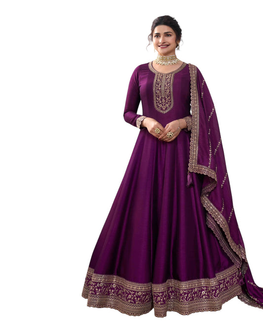 Cotton / Silky Wine / Purple Anarakali Long Dress with Trousers - Size 10 (Bust 36") - VF67746 TY 1024