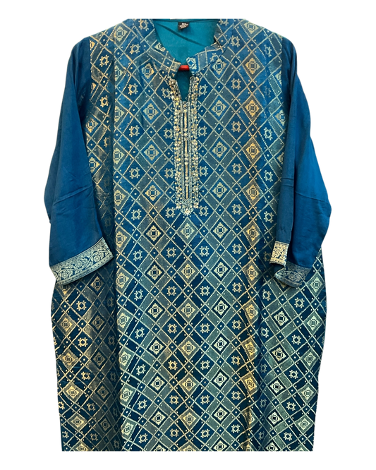 UK 14 / 40" - Petrol Blue - Silky Brocade Ladies Trousers Suit - Sangeet / Henna / Temple - KTC241063 VA