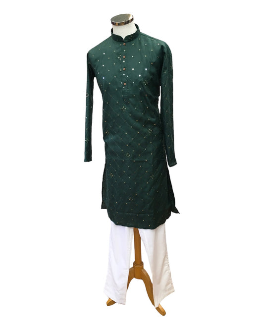 Bottle Green - Linen Mirrorwork Mens Kurta Set - Sangeet Mehendi Haldi - NY2301 KT 1123