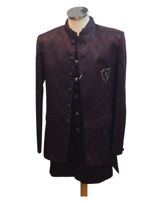 Dark Wine - PREMIUM Slim Fit Mens Self Brocade BandhGala / Prince / Chinese Collar Jacket with Long Waistcoat - Fantastic Fit - CS2505 01PY25