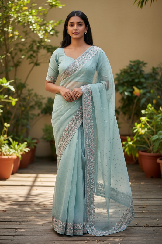 Sea Green - Chiffon - Party Wear Embroidiered Saree with Blouse Piece - SP250407 VT 0425