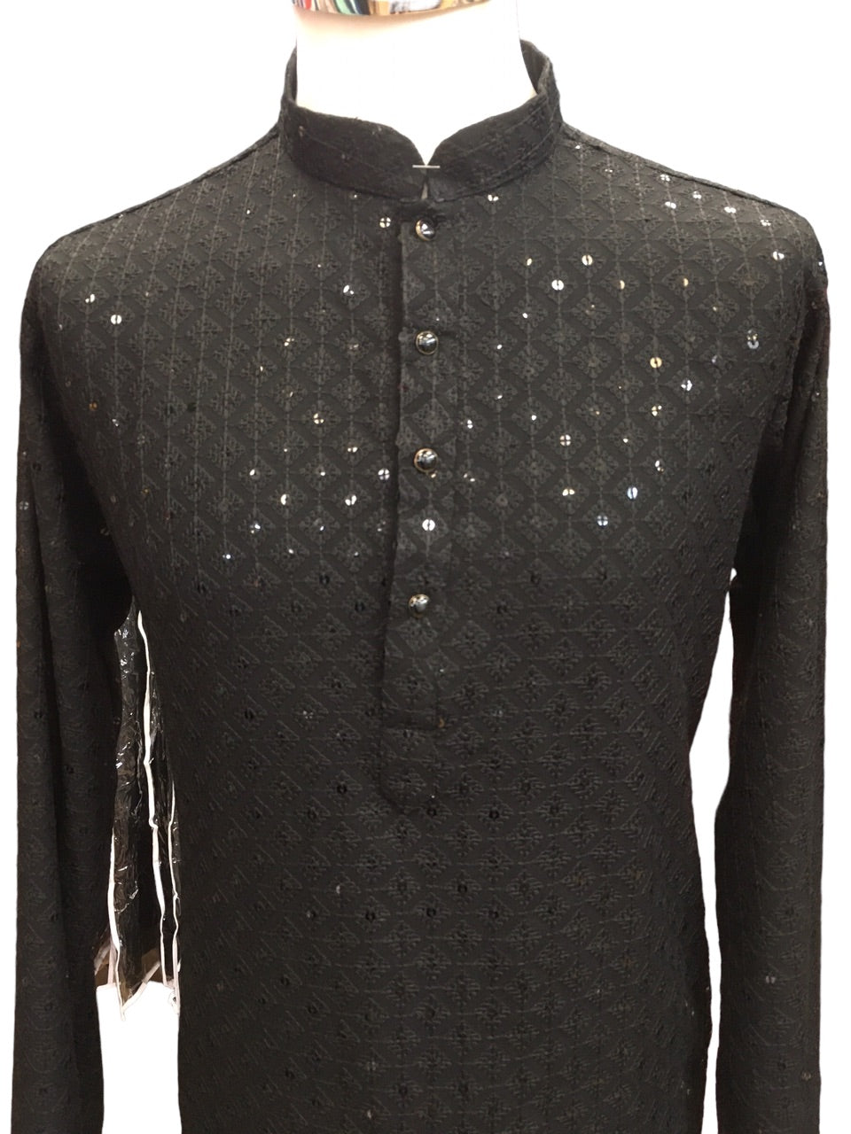 Black - Lucknowi Sequins Mens Indian Kurta set - Weddings / Walimas , Sangeet, Eid, Mehndi / Henna - YD2402 KT 0324