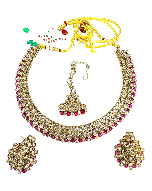 Fuchsia / Magenta Pink - Medium Size Antique Gold Finish Necklace Set with Earrings & Tika Head piece - SAJ03 08C25