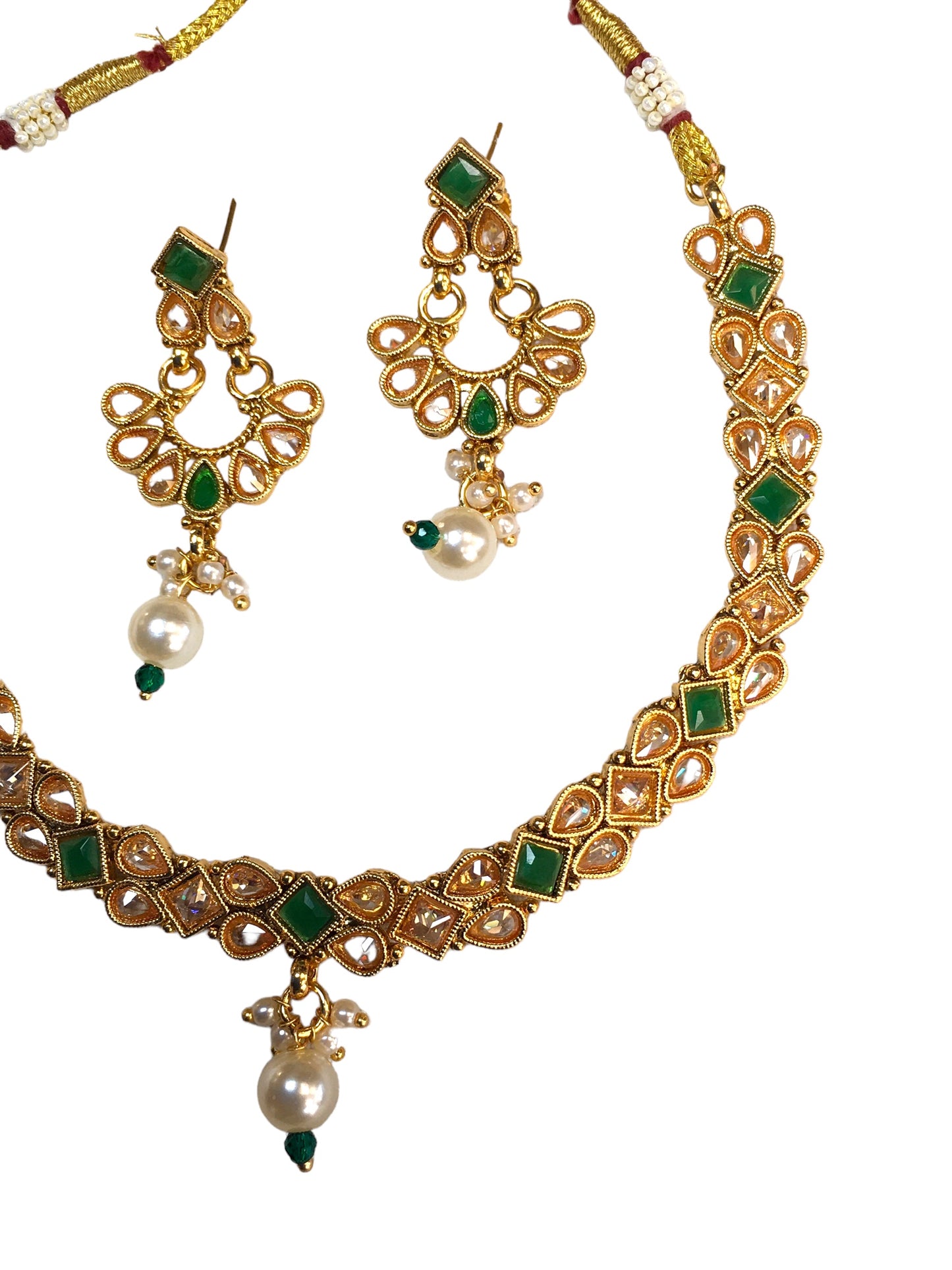 Green - Small Size Antique Gold Finish Necklace Set with Earrings - TOH2401 R 0424