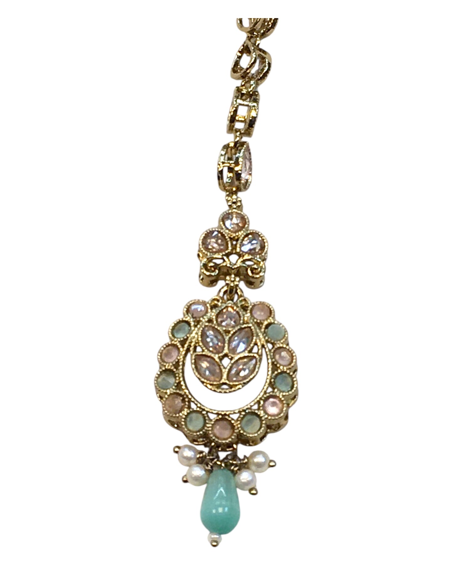 Pink / Mint Green - Antique Gold Finish Medium Size Tika Head Piece - Indian Ladies Fashion Jewellery - AE2435 11Vp24
