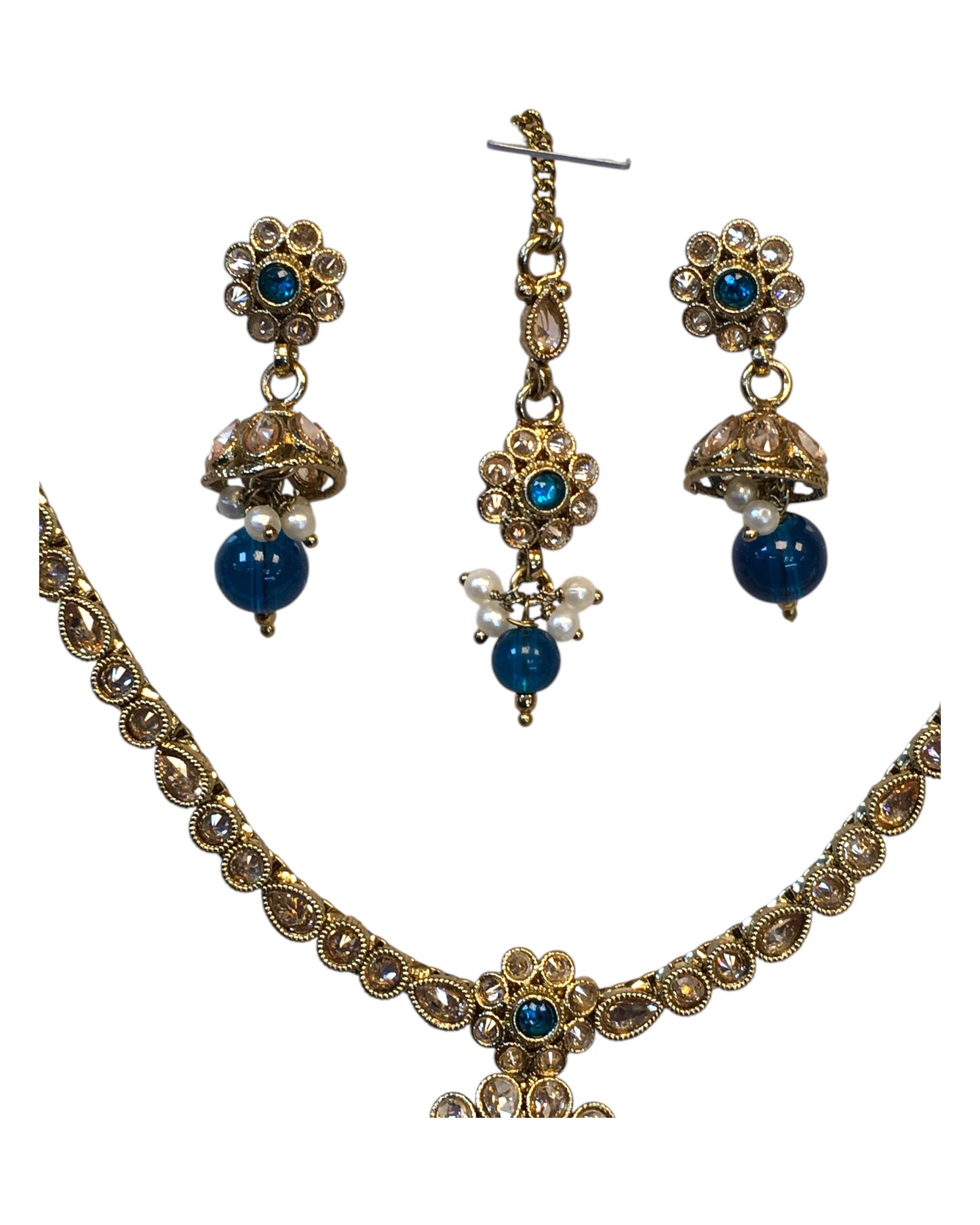 Turquoise Blue - Small Size Antique Gold Finish Necklace Set with Earrings & Head Piece /Tika- SLV79 11A24