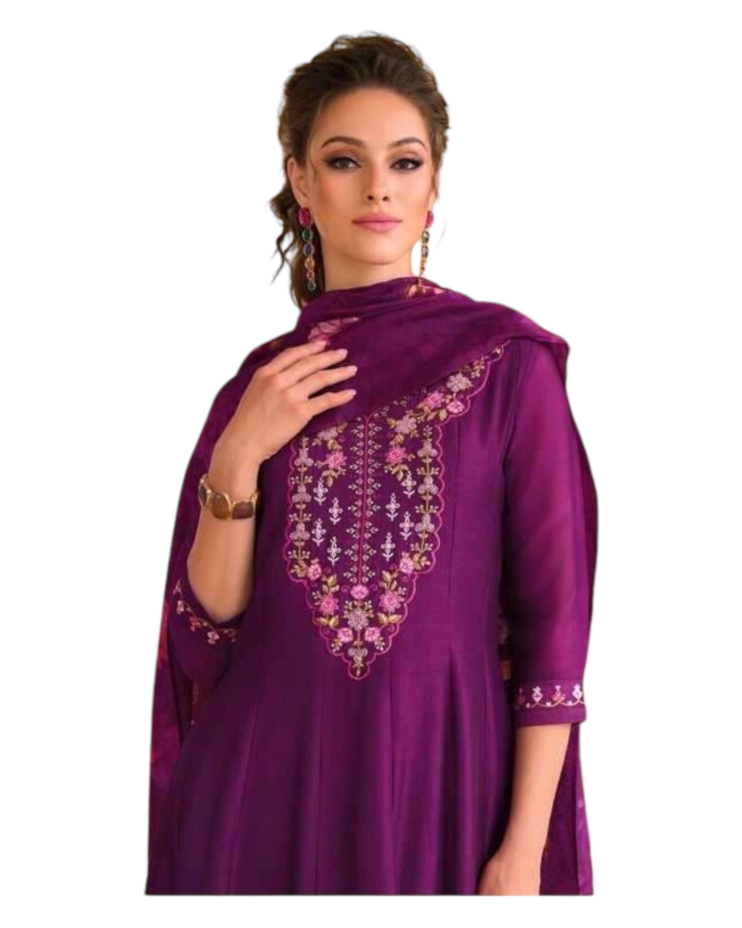 Purple / Wine - Simple / Classy Ladies Indian Trousers Suit with Printed Dupatta - Size 12 (38") - LL22602 VV 1024