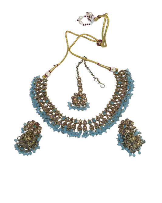 Light / Sky Blue - Medium Size Antique Gold Finish Necklace Set with Earrings - PRI1763 11H24
