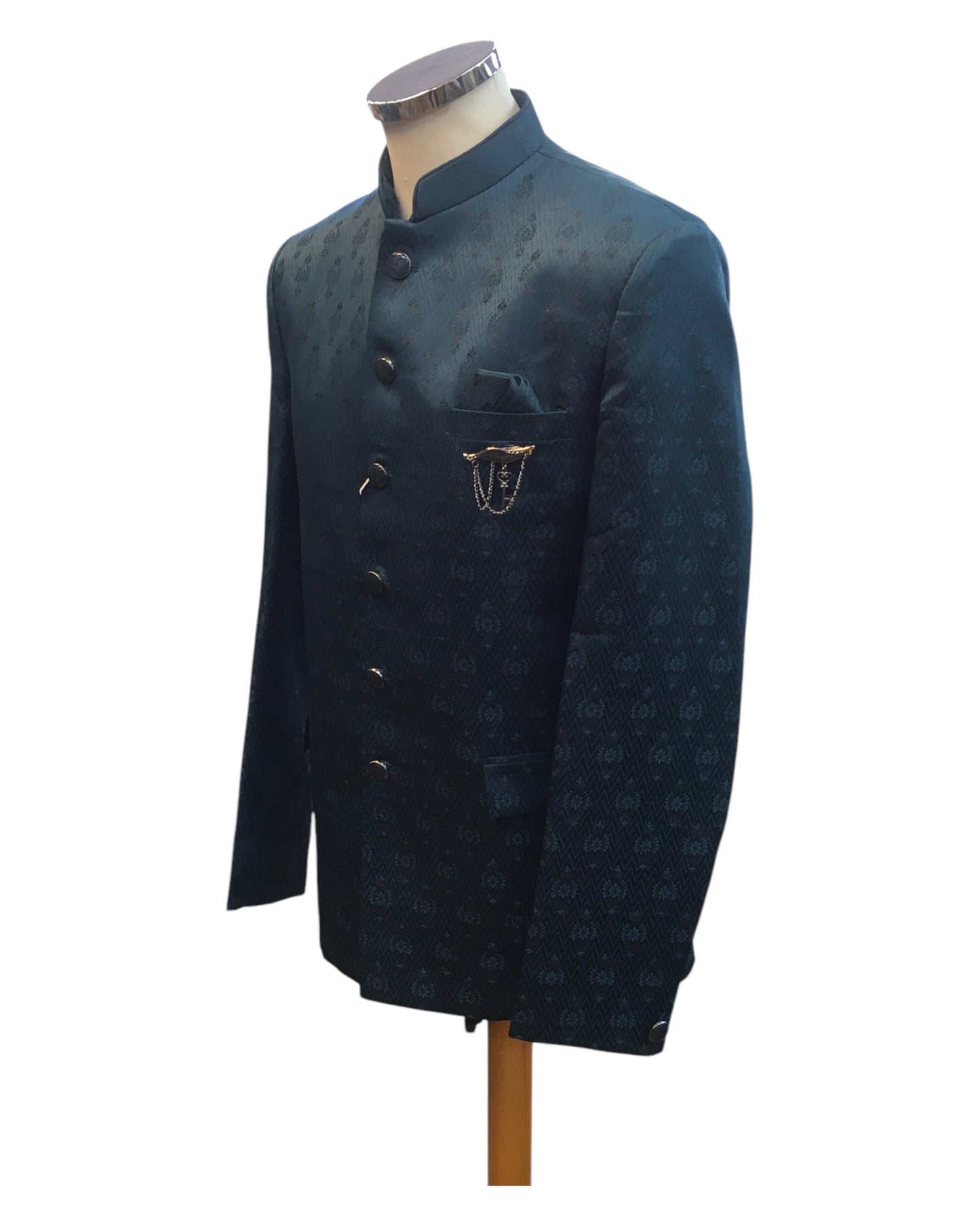 Teal - PREMIUM Slim Fit Mens Self Brocade BandhGala / Prince / Chinese Collar Jacket with Long inside Waistcoat - Fantastic Fit - CS2505 01PY25