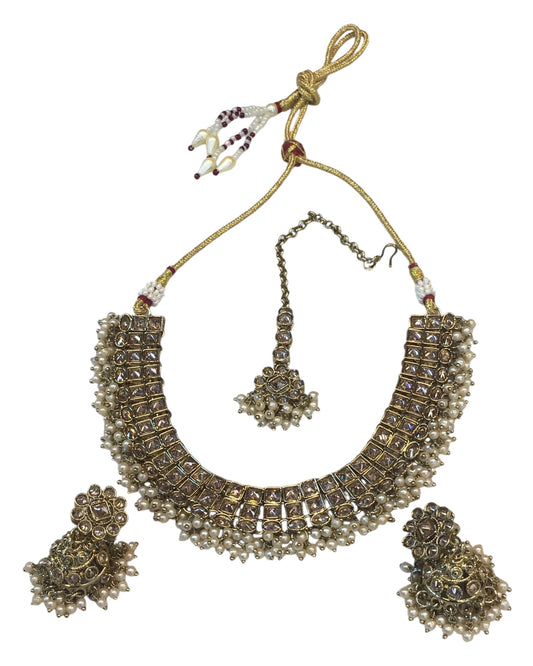 Pearl / Gold /. Neutral - Medium Size Antique Gold Finish Necklace Set with Earrings - PRI1786 11H24