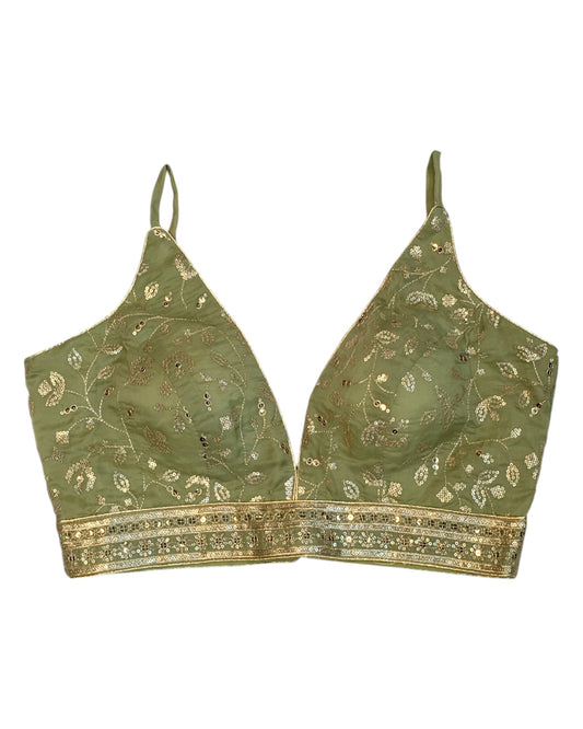 Pista Green - Low V Neck Embroidered Saree / Lehenga Blouse - 38" Bust (UK 12) Can be let out to size 14 - B216 01KV25