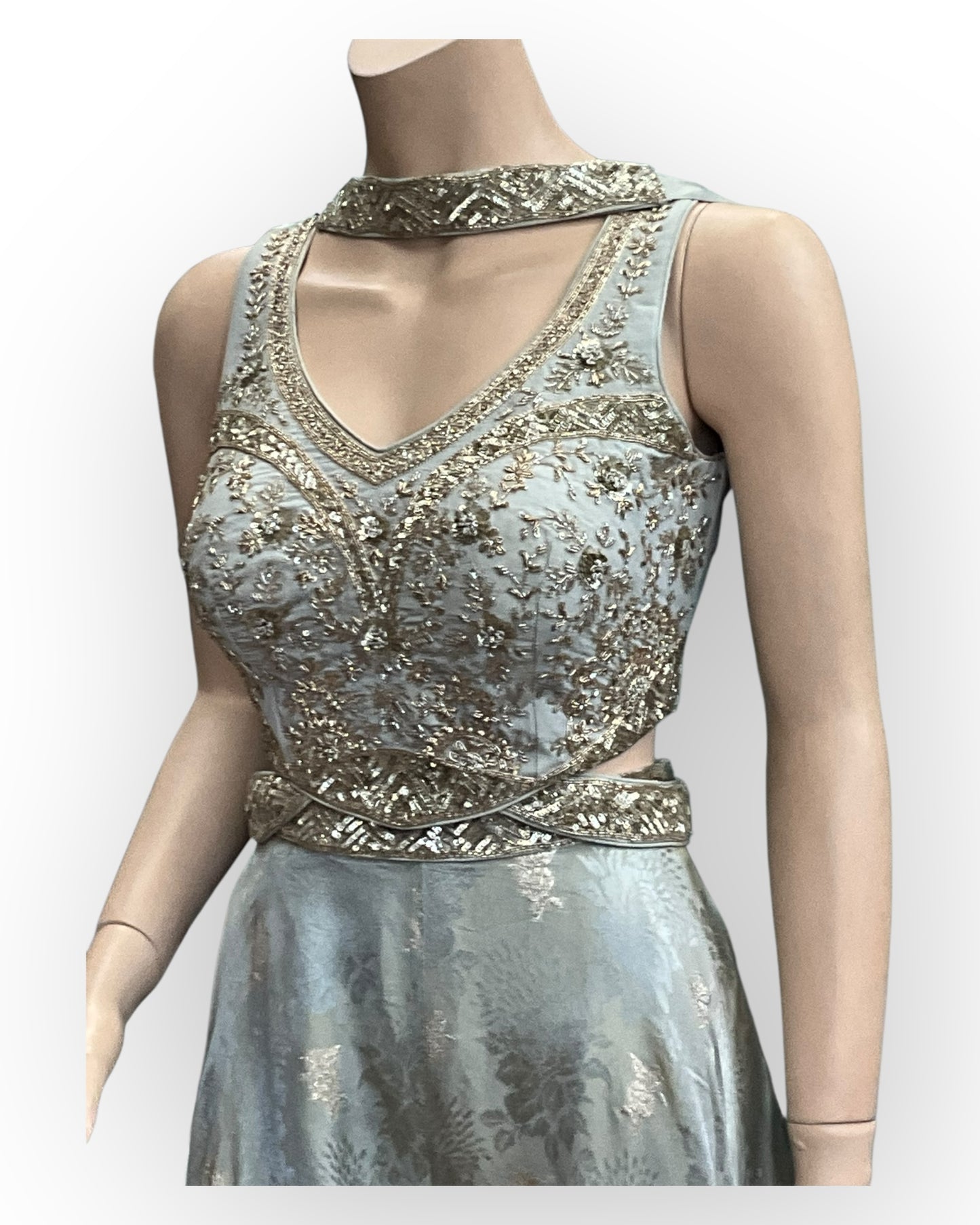 Silver Grey - Designer Ladies Short Top Palazzo Trousers Suit - Size 12 (38") - VMK KIA RR