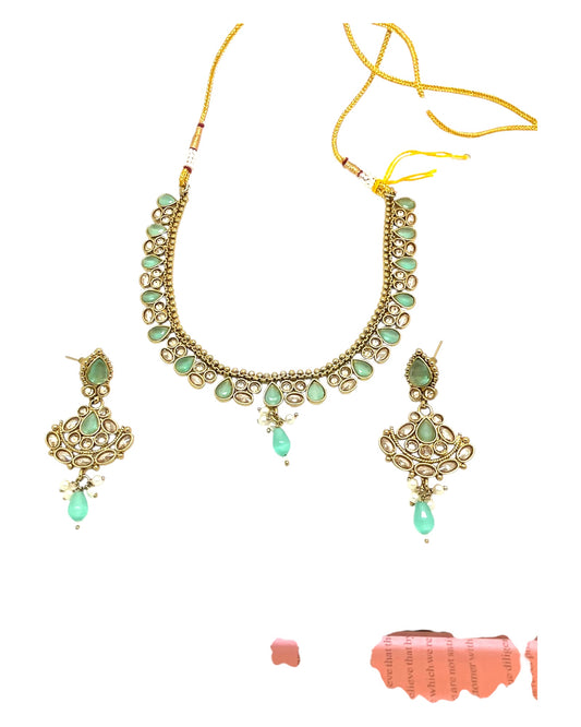 Sea Green - Small Size Antique Gold Finish Necklace Set with Earrings - Bollywood - AE2518 08A25