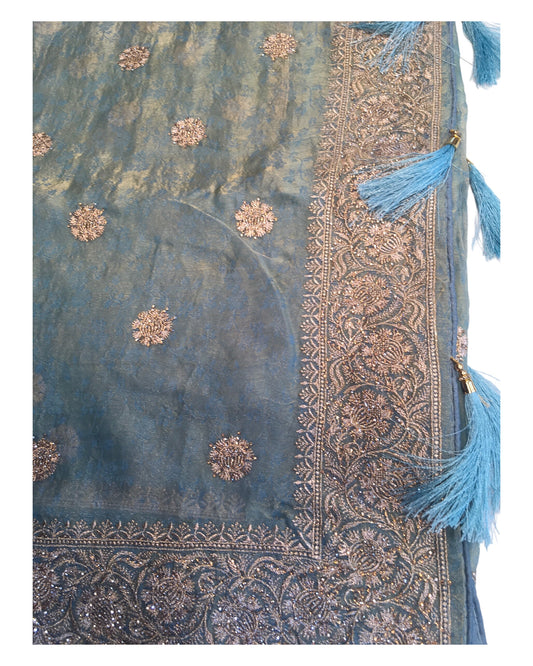 Turquoise - Tissue Chiffon - Party Wear Embroidered Saree with Blouse Piece - SP250421 TV