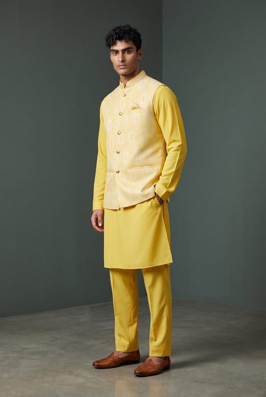 Haldi Yellow - Mens Kurta Set with Rich Brocade Waistcoat - UK Stock - Quick Dispatch - SHU2603 05VV26