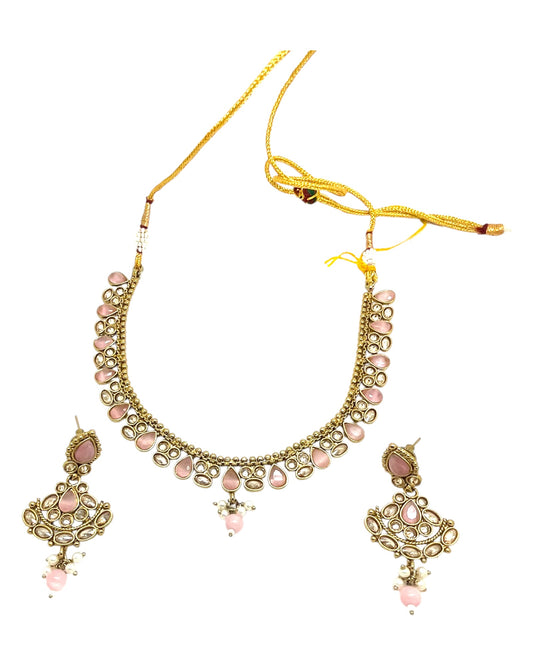 Pink - Small Size Antique Gold Finish Necklace Set with Earrings - Bollywood - AE2518 08A25