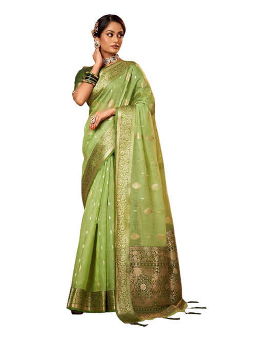 Mint Green - Handloom - Cotton Silky Banarasi Saree with Blouse Piece - RP84005 10KP25