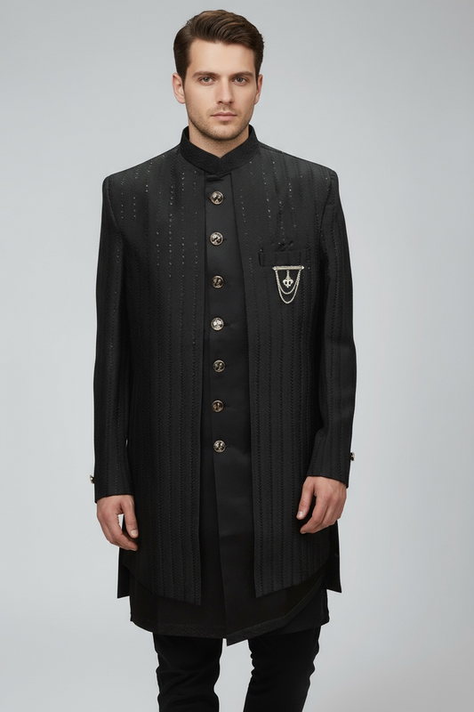 Black - Stunning Double Layered Mens Sherwani - SHU2506 JC 0325
