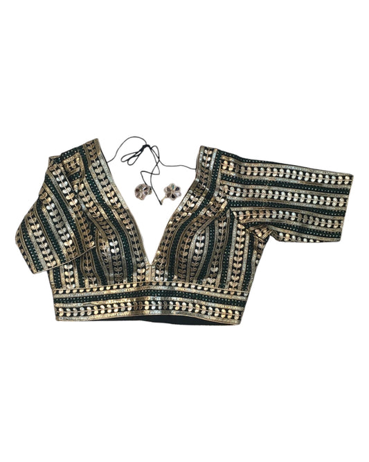 Bottle Green - Fully Embroidered Low Front and Back Gota Patti Saree / Lehenga blouse - 36" Bust (UK 10) Can be let out to size 14 - B214 01KP25