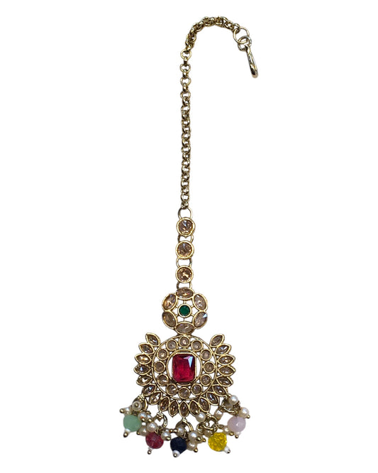 Multi Coloured - Large - Antique Gold Finish Traditional Tika Head piece - Bollywood - Weddings - PRI1773 11V24