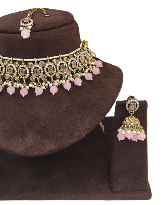 Pink - Medium Size Antique Gold Finish Choker Necklace Set with Earrings - RAK149 C 0424