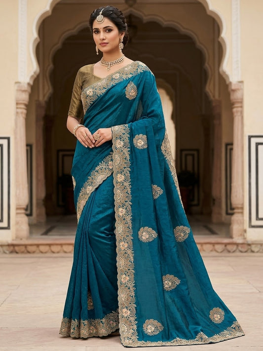 Turquoise Blue - Saree with Thread / Stone Work and Blouse Piece - UK stock - 24hr Dispatch - SP2614 VJ