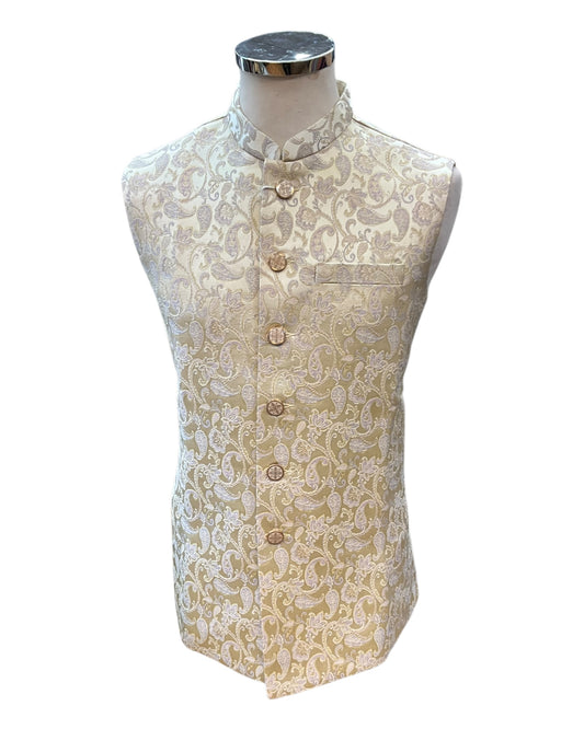 Cream with Lilac & Gold Thread Brocade - Premium Mens Waistcoat - VNS-JKT7910/1 10KJ25