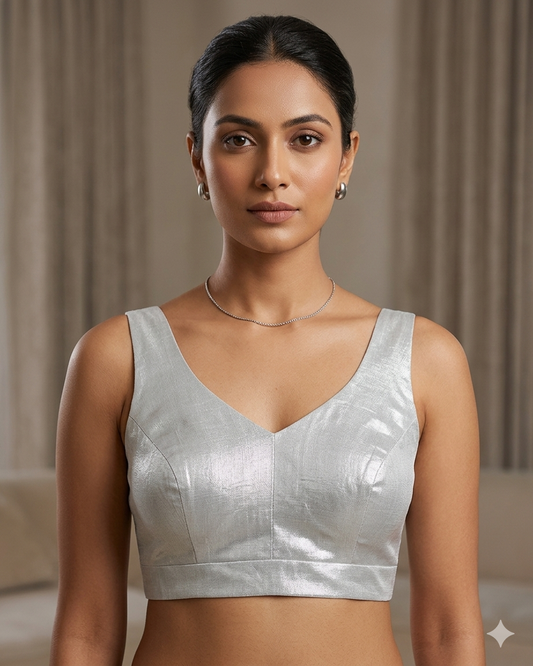 Size 42" / UK 16 - Silver - Silky Saree blouse with cups, Sleeveless - UK Stock - Quick Delivery - RNK - R722A-KY