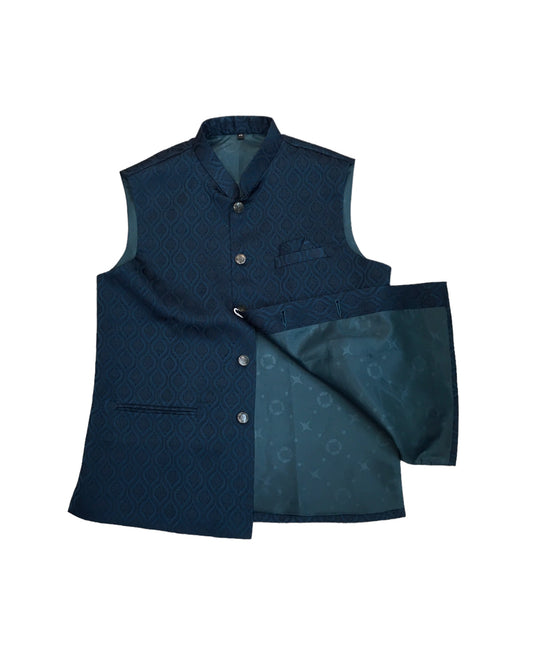 Teal Blue - Self Brocade Indian Mens Waistcoat / Bandi - Bollywood - CS2402 KT 0524