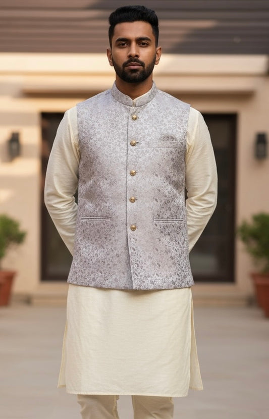 Baby Pink - Banarasi Self Brocade - Premium Mens Indian Waistcoat - VNS-JKT18 10KP25