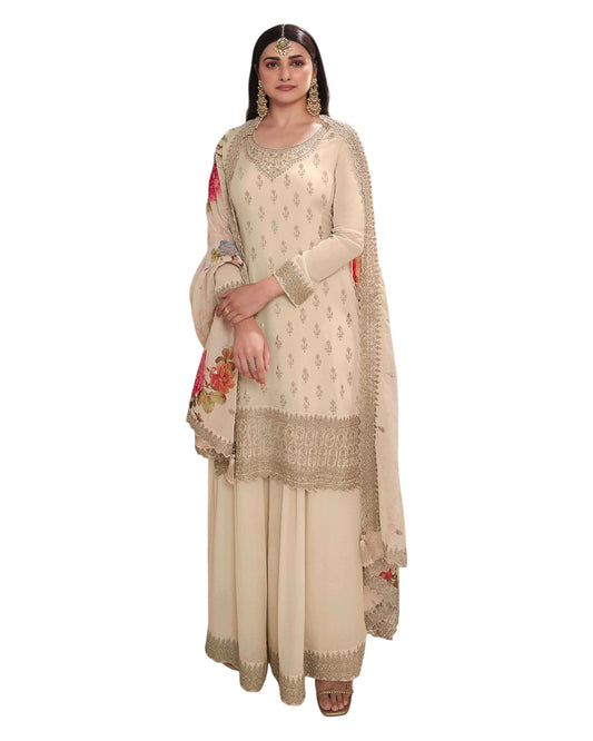 Cream - Simple / Classy Ladies Indian Palazzo Trousers Suit with Printed Dupatta - Size 20 (46") - VF67835 TK1024