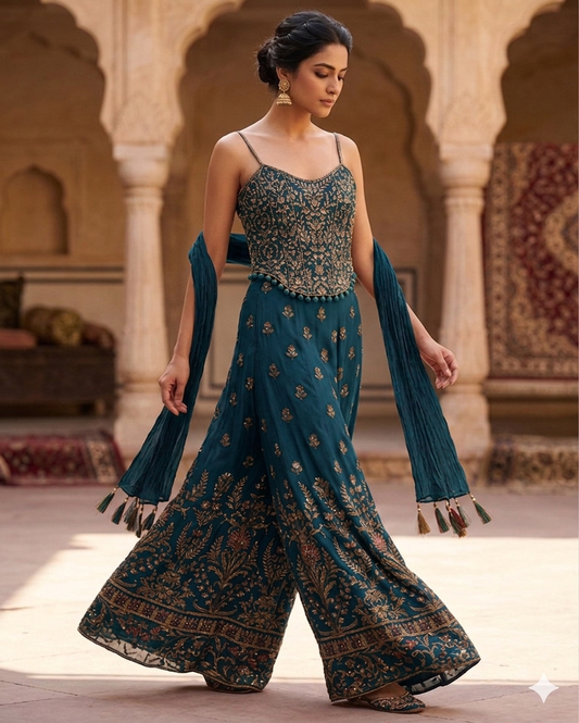 UK 10-12 / 36"- 38" - Dark Teal Blue - Designer Ladies Indian Short Corset / Tie Back Top Palazzo Trousers Suit - UK Stock - 2/3 days delivery - VMK Tarini AP