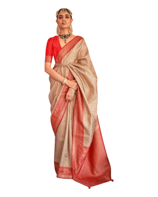 Gold / Red - Silky Handloom Banarasi Saree with Blouse Piece - 12TY25 REW1046