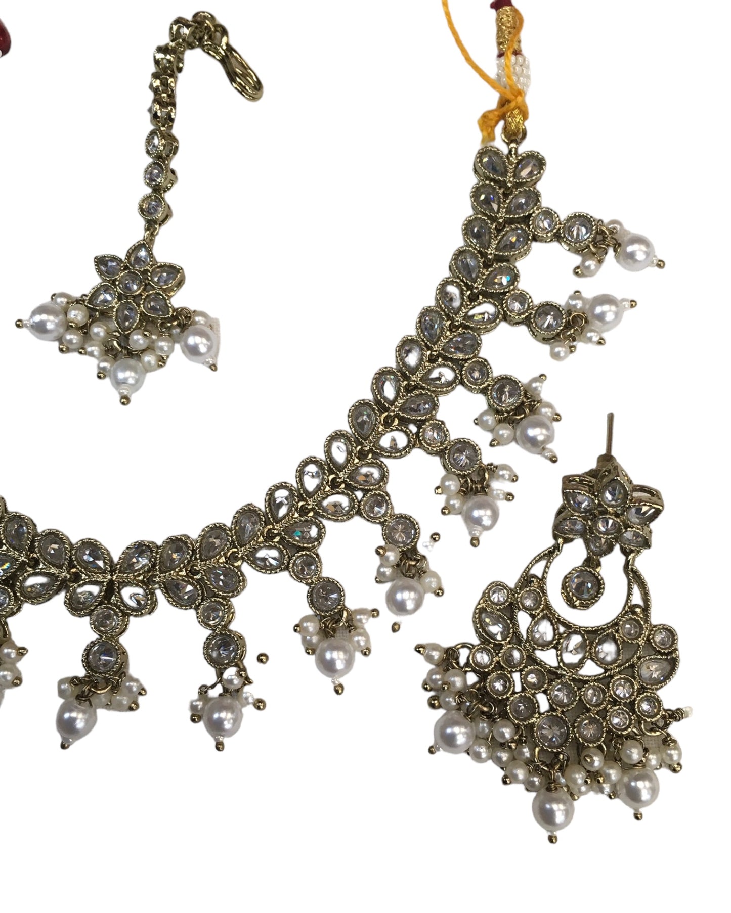 Clear / Neutral - Medium Size Antique Gold Finish Necklace Set with Earrings - KAJ1015 KV 0424