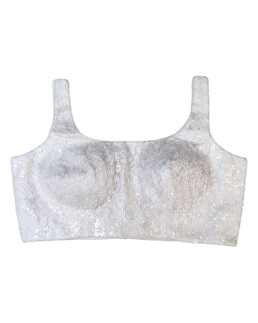 White - Self Embroidered Saree blouse with cups, Sleeveless - 38" - UK Stock - Quick Delivery - RNK - R873-KK