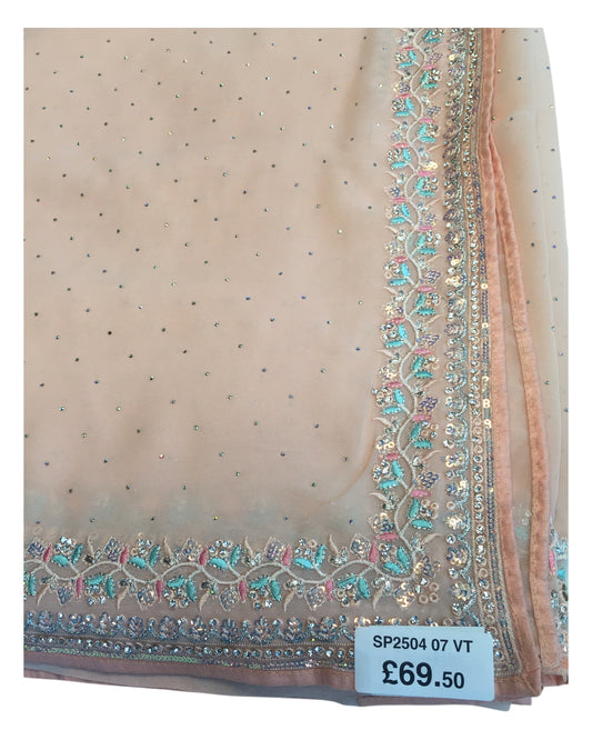 Peach - Chiffon - Party Wear Embroidiered Saree with Blouse Piece - SP250407 VT 0425
