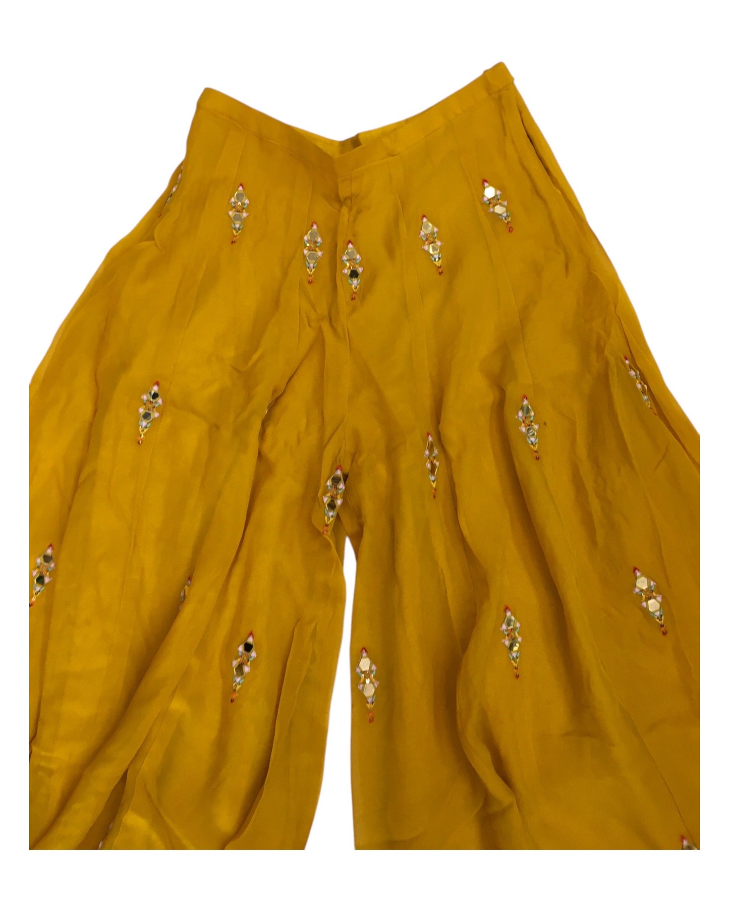 Haldi Yellow - Designer Ladies Short Top Palazzo Trousers Suit - Size 12 (38") - VMK POOJA CP