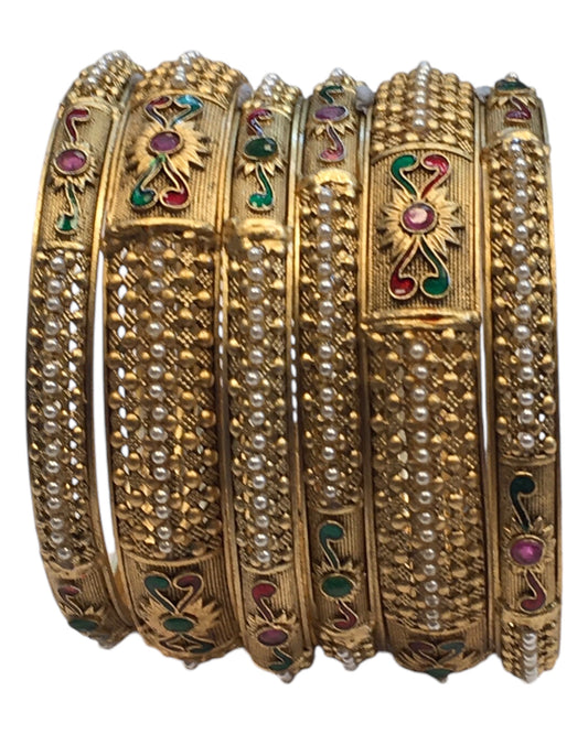 Antique Gold Finish Hand Crafted Rajasthani Kada & Bangles Set (Set of 6) - UK stock - SB1089 H