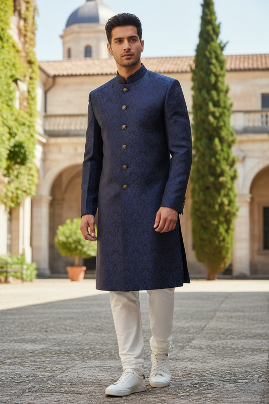 Mens Indian Light Sherwani set in Navy Brocade for weddings, Bollywood Party ( with Draw stringed trousers) - DD180802JV