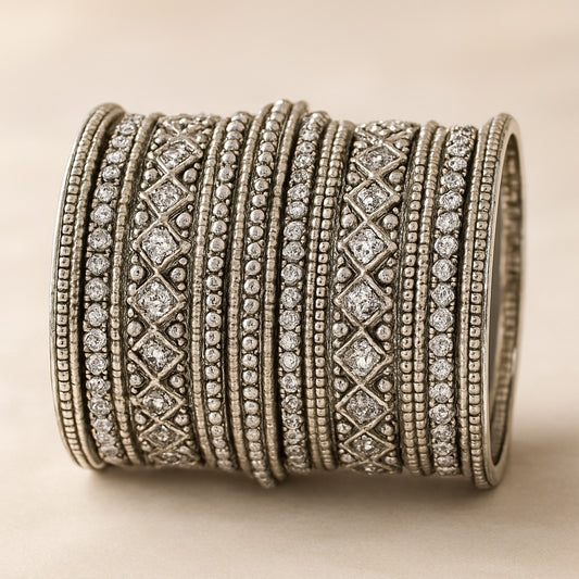 Clear White Stone and Pearl - Silver Finish Bangles Set (Set of 18) - UK stock - SM, M, L, XL JAN2611 05P25