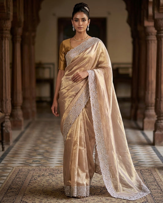 Rose Gold - Saree with Thread / Stone Embroidery and Blouse Piece - UK stock - 24hr Dispatch - SP2621 VC