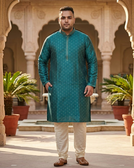 Jade Green - Men’s Embroidered Jacquard Kurta Set with Trousers - UK Stock - Weddings / Walimas , Sangeet, Diwali, Eid, Mehndi / Henna - VEE3134 VK