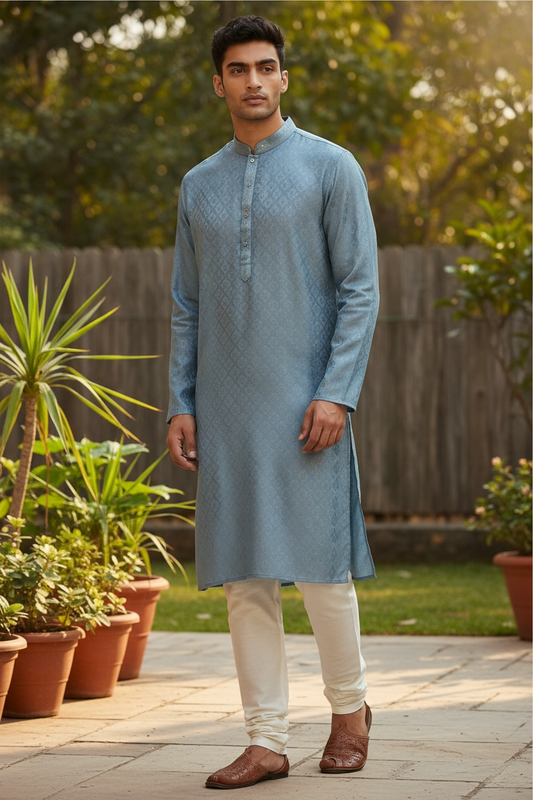 Light Blue - Banarasi Handloom Brocade Mens Indian Kurta set - UK Stock - Weddings / Walimas , Sangeet, Diwali, Eid, Mehndi / Henna - VEE2488 VR
