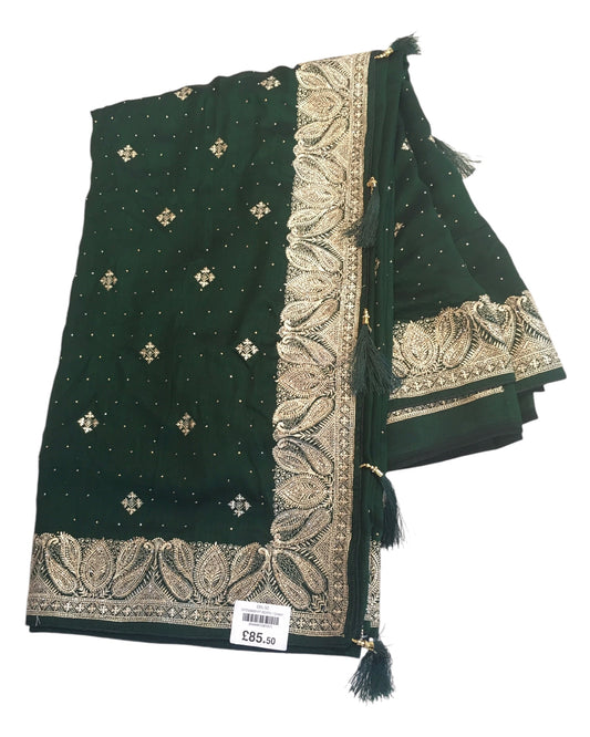 Bottle Green - Silky - Party Wear Embroidered Saree with Blouse Piece - SP250409 VP