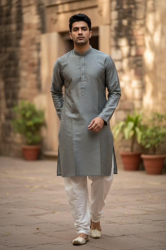 Silver Grey - Banarasi Handloom Brocade Mens Indian Kurta set - UK Stock - Weddings / Walimas , Sangeet, Diwali, Eid, Mehndi / Henna - VEE2532 KR