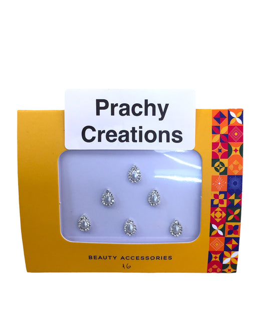 Pack of 6 Tear Drop Silver Stone Pearl Bindis in Medium Size- 24 hrs dispatch from UK ST2416 24ap04