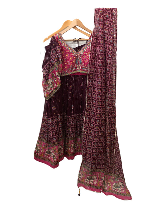 Wine - Chiffon Printed Lehenga Set - Size 12(38") - UK Stock - 24h Dispatch - SWA2407 RY 0524